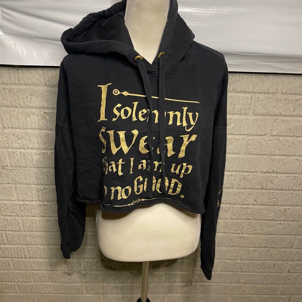 Harry‎ Potter Black Gold Print Cropped Hooded Screen Print Sweatshirt Large